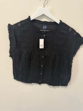 GAP Black Lace-Trim Button Front Blouse